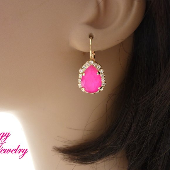 Electric Neon Pink Crystal Pear Shaped Halo Earrings, Hot Summery Pink Teardrops - Picture 3 of 5